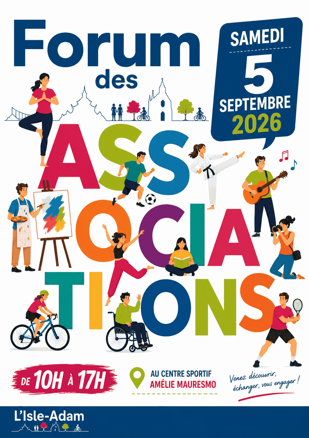 Affiche du Forum des associations de L'Isle-Adam, samedi 5 septembre 2026 de 10h à 17h au centre sportif Amélie Mauresmo